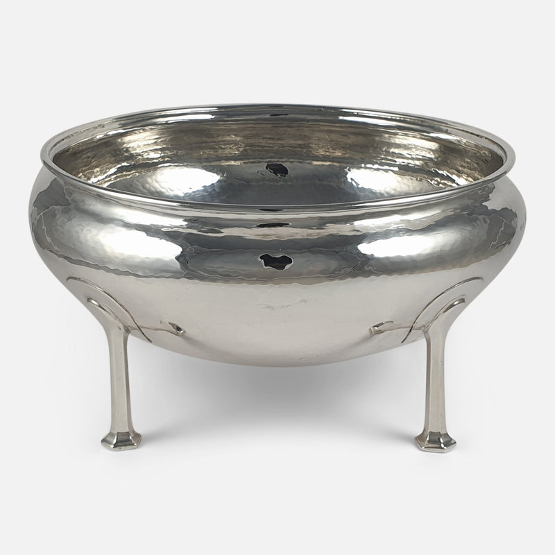 the Arts and Crafts Sterling Silver Bowl by A. E. Jones viewed from the front