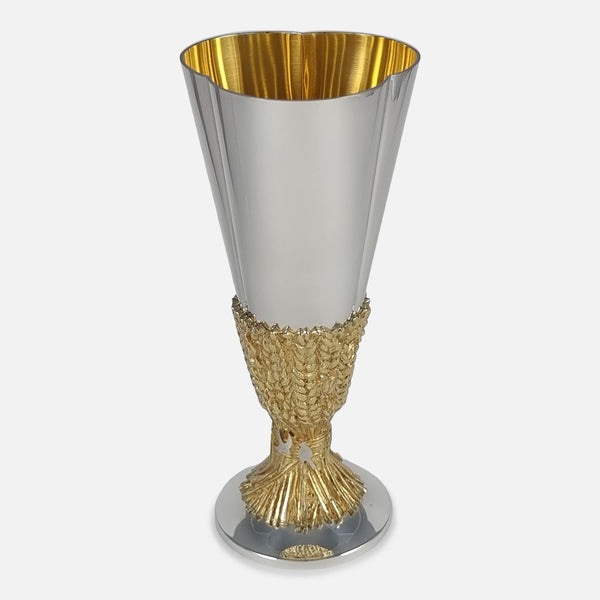 the silver gilt Chichester cathedral goblet by Desmond Clen-Murphy for Aurum, viewed from a slightly raised position
