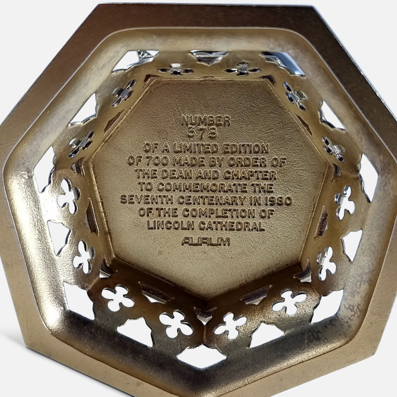 the engraving to the base commemorating the seventh centenary of the completion of Lincoln cathedral