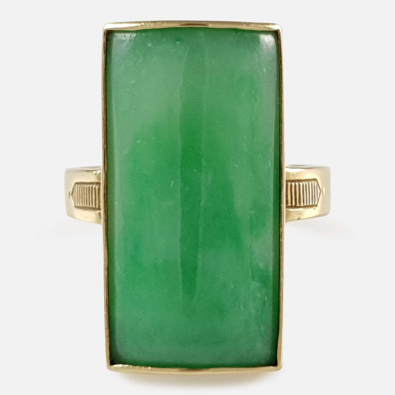the 18ct Gold Apple Green Jade Ring by Bernard Instone viewed from the front