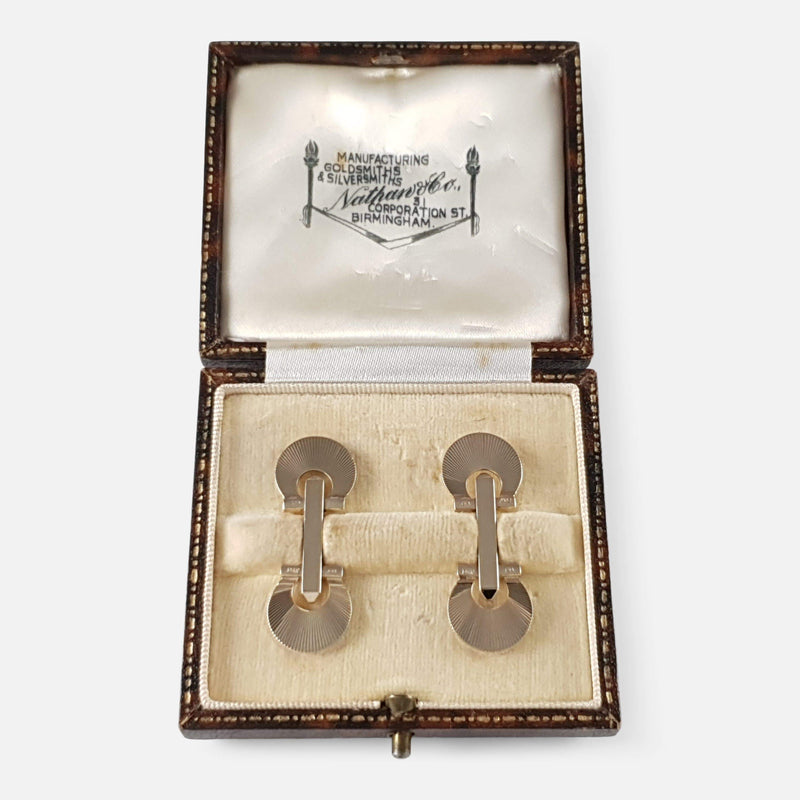 the 9ct Gold 'Fan' Style Locking Cufflinks Deakin & Francis viewed in their case