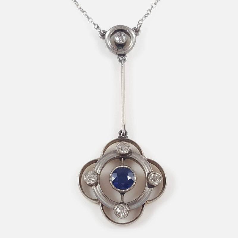 Art Deco 15ct Gold Sapphire and Diamond Pendant Drop Necklace - Argentum Antiques & Collectables