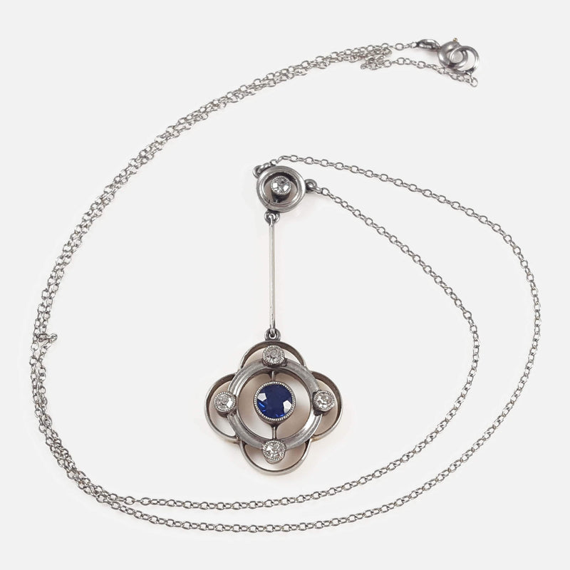 Art Deco 15ct Gold Sapphire and Diamond Pendant Drop Necklace - Argentum Antiques & Collectables