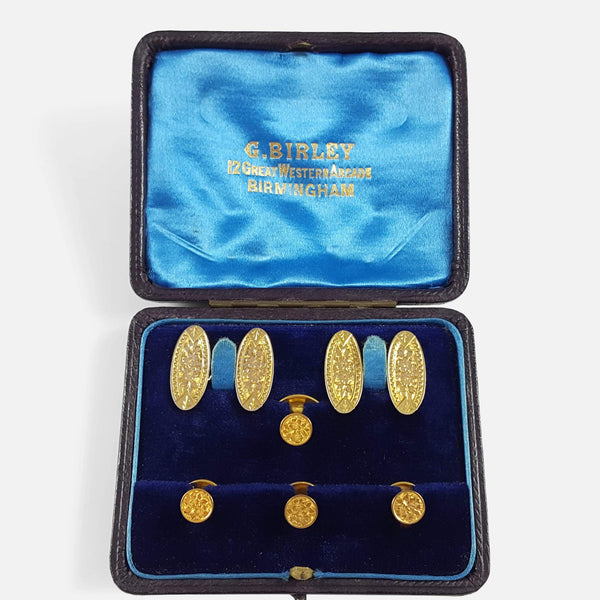 the Edwardian 9ct gold cufflinks and dress studs set in their case