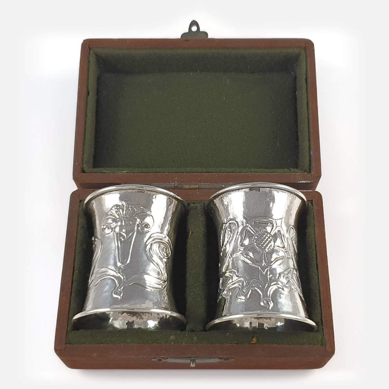 the Arts and Crafts silver napkin rings in their case