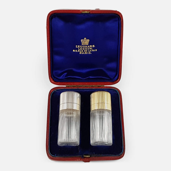 the pair of silver & glass perfume scent bottles in their case
