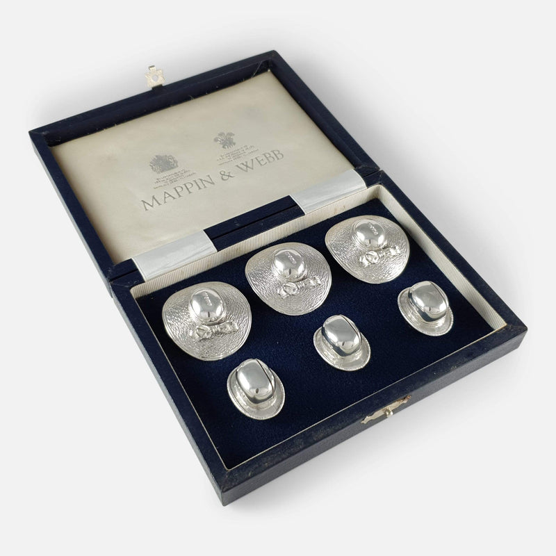 the silver place card holders in their case viewed at an angle