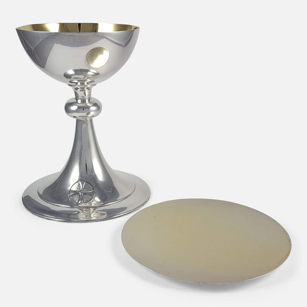 the sterling silver chalice and paten viewed from the front