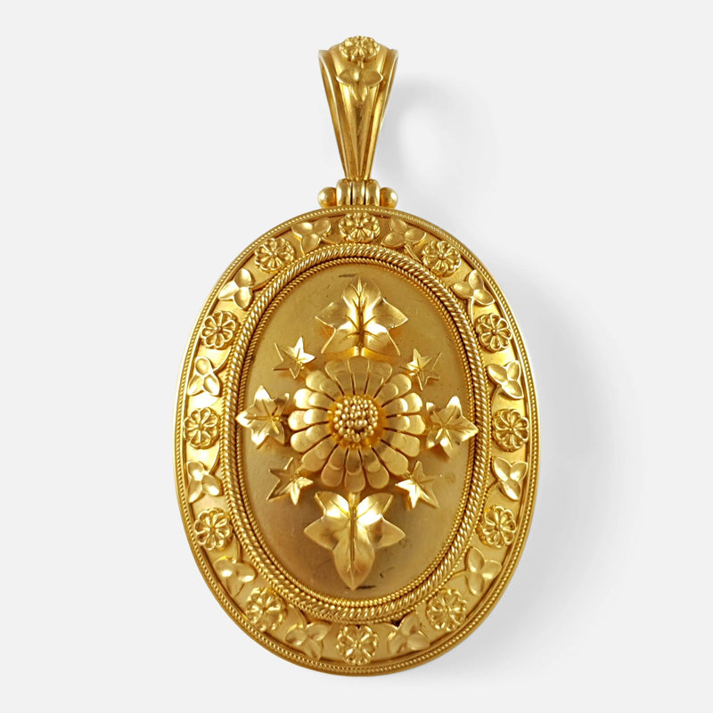 the Victorian 18ct Gold engraved locket viewed from the front