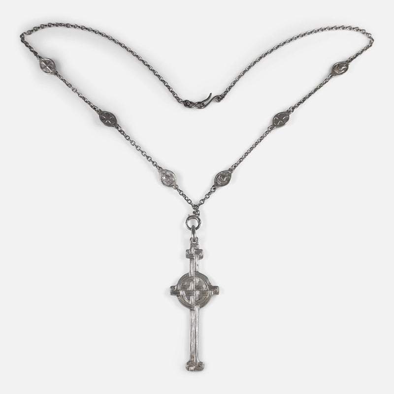the Alexander Ritchie Celtic revival silver Iona cross pendant and chain viewed from above