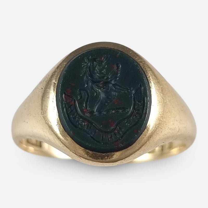 the 18ct yellow gold bloodstone intaglio signet ring viewed from above
