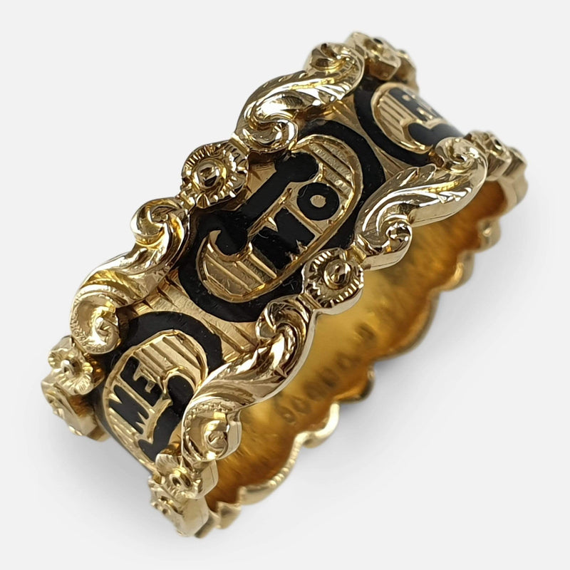 the Victorian 18ct gold and enamel memorial mourning ring viewed from above