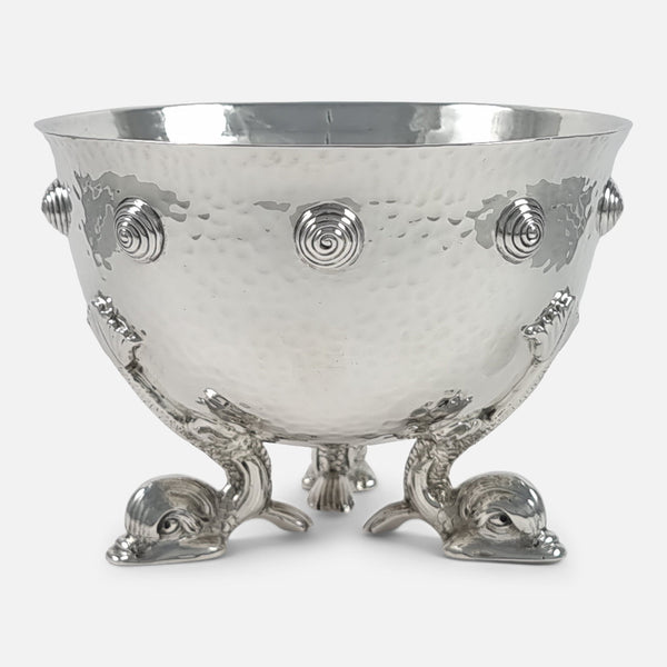 the Edwardian sterling silver Arts and Crafts style bowl viewed from the front
