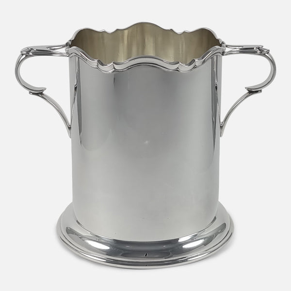 the Edward VIII Sterling Silver Syphon Wine Bottle Holder by Atkin Brothers viewed from the front