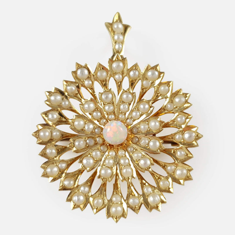 the Edwardian 15ct gold opal and seed pearl pendant viewed from the front