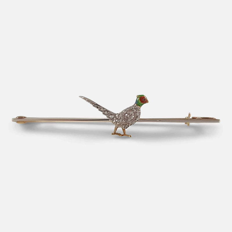 the Edwardian diamond and enamel pheasant brooch viewed from the front