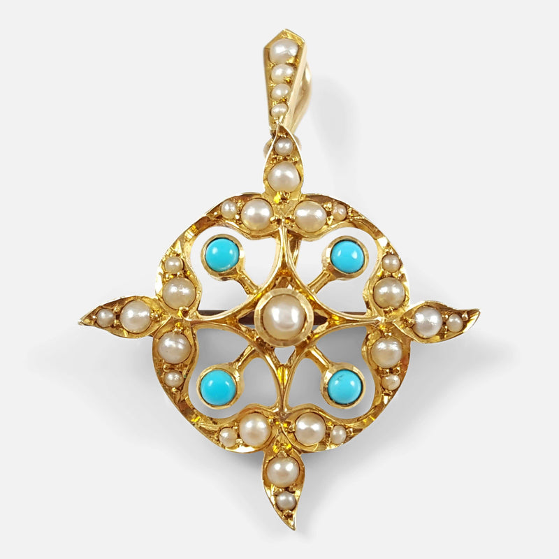 the Edwardian 15ct gold turquoise and pearl pendant brooch viewed from the front