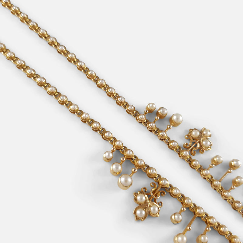 Edwardian 15ct Yellow Gold Seed Pearl Fringe and Foliate Necklace - Argentum Antiques & Collectables