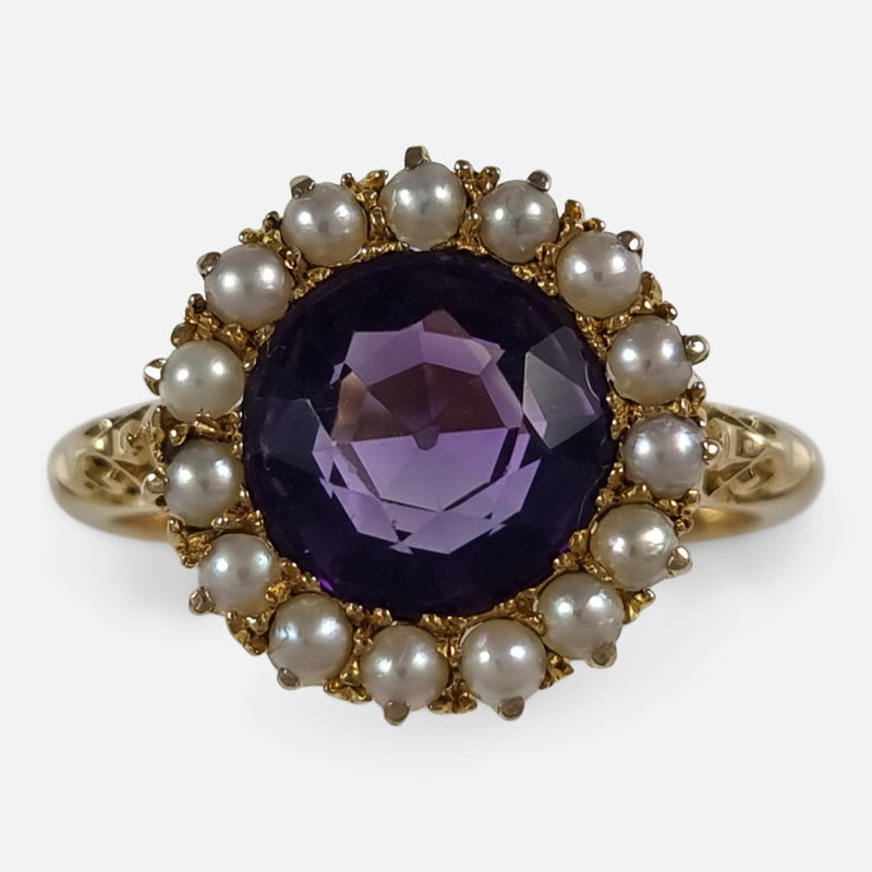 the Edwardian 18ct Gold Amethyst and Pearl Cluster Ring viewed from above