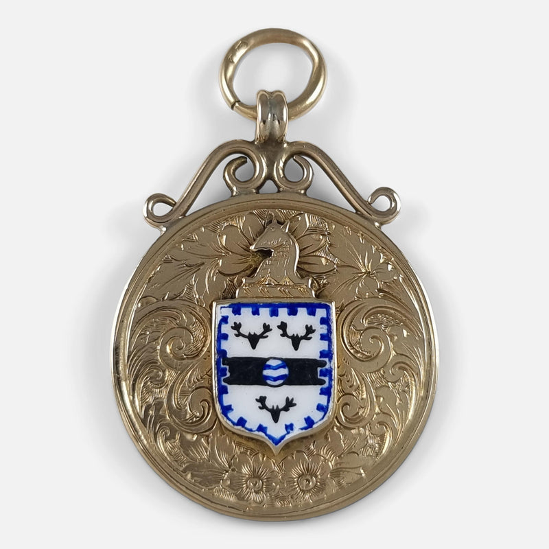 the Edwardian 18ct Gold and Enamel Pendant Fob by Fattorini & Sons, viewed from the front