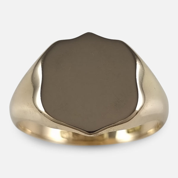 the Edwardian 18ct yellow gold shield signet ring viewed from above