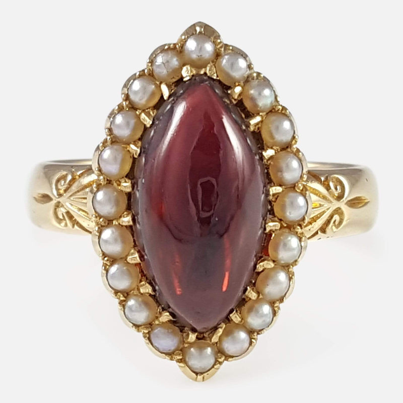 the Edwardian 18ct yellow gold garnet and pearl cluster ring viewed from the front