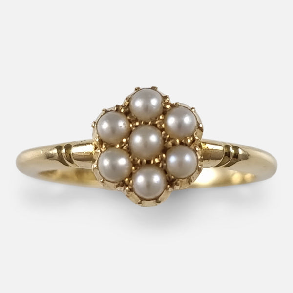 the Edwardian 18ct yellow gold pearl cluster ring viewed from above