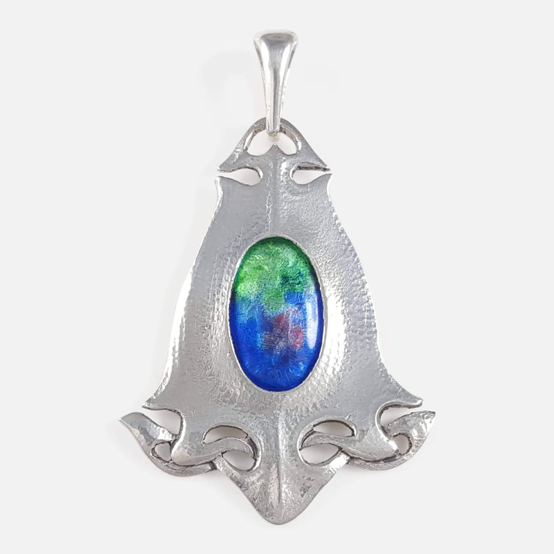 the Arts & Crafts Silver and Enamel Pendant by Murrle Bennett & Co, viewed from the front