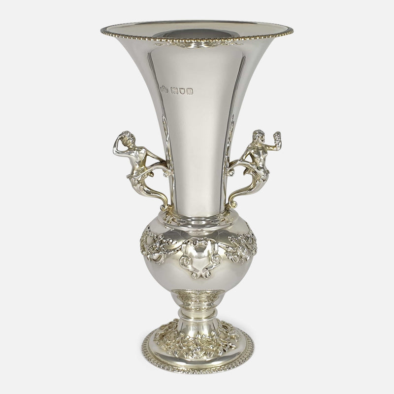the Edwardian sterling silver vase, by Elkington & Co, viewed from the front