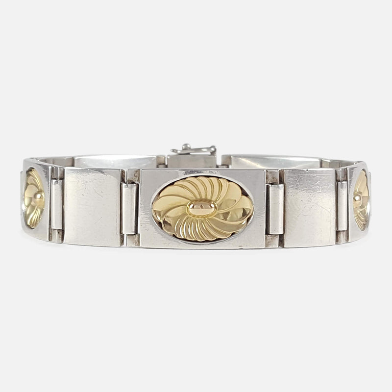 the Georg Jensen Sterling Silver Gilt Daisy Bracelet viewed from the front when fastened
