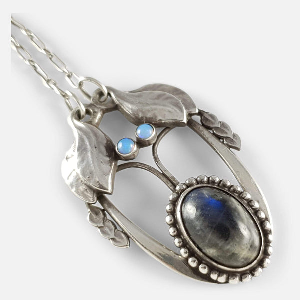 the Georg Jensen silver pendant viewed diagonally
