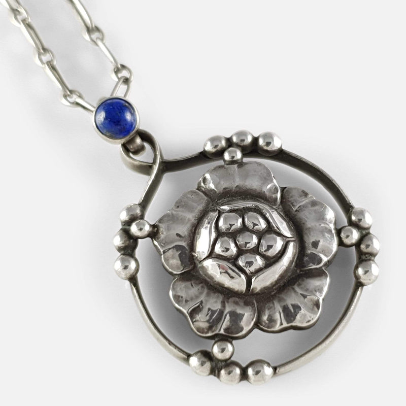 Georg Jensen Silver Lapis Lazuli Flower Head Pendant viewed from the front