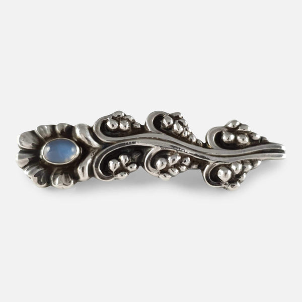 the silver moonstone brooch viewed from the front