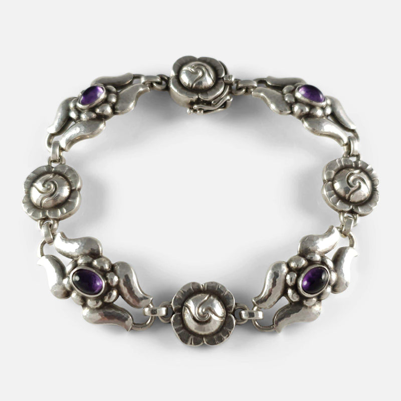 the Georg Jensen silver and amethyst bracelet viewed from above