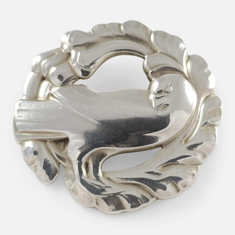 the Georg Jensen silver dove brooch viewed from the front