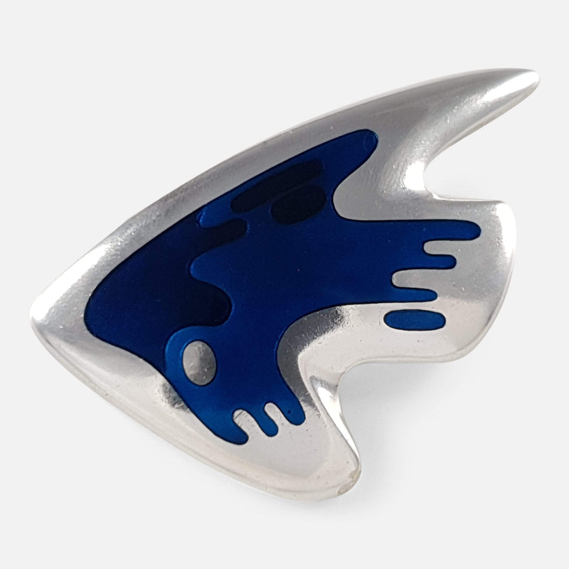 the sterling silver and enamel brooch front on