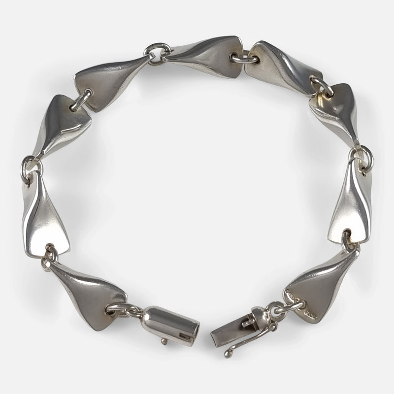 the Georg Jensen sterling silver 'Butterfly' bracelet viewed from above and unfastened