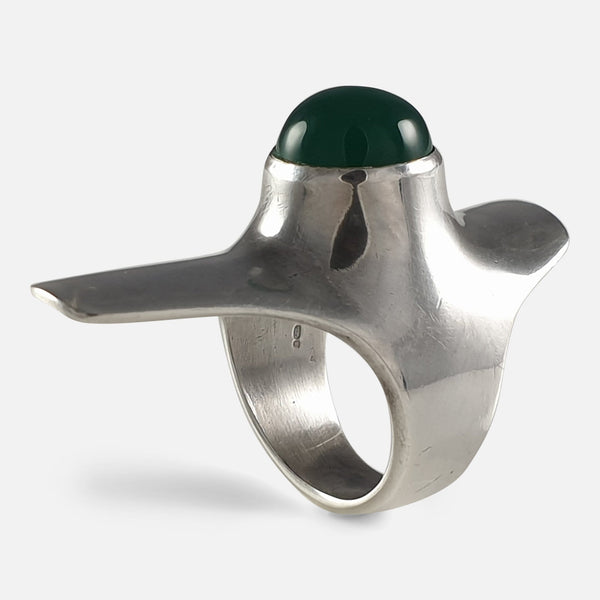Georg Jensen Sterling Silver Chrysoprase Ring viewed at a slight angle