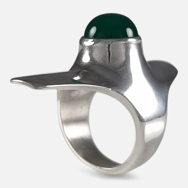 the Georg Jensen sterling silver chrysoprase ring viewed standing vertically