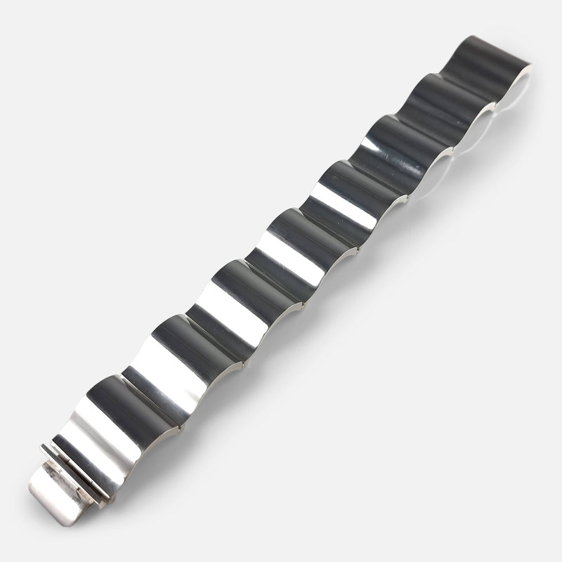 the Georg Jensen sterling silver 'Surf' bracelet designed by Nanna Ditzel, viewed diagonally