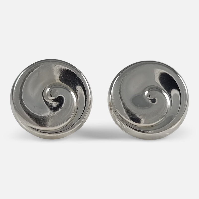 the Georg Jensen Sterling Silver Swirl Earrings by Vivianna Torun Bülow-Hübe, viewed from the front