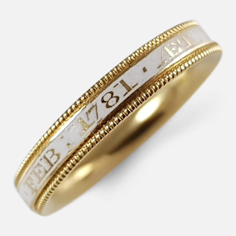 the George III 18ct gold and enamel mourning band ring viewed from above