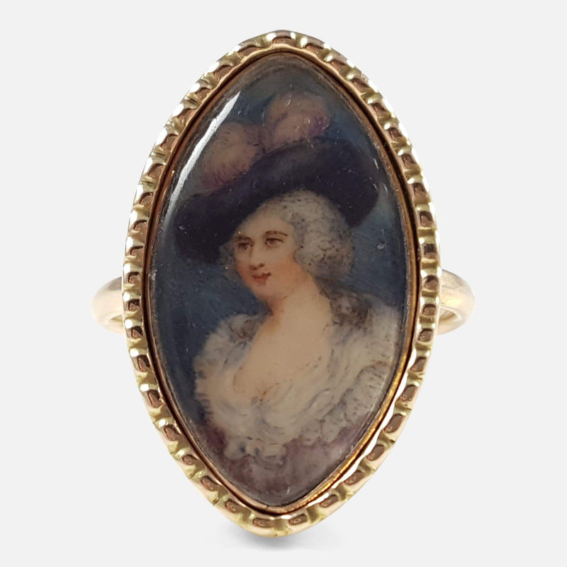 the Georgian 9ct Gold Portrait Miniature Mourning Ring viewed from the front