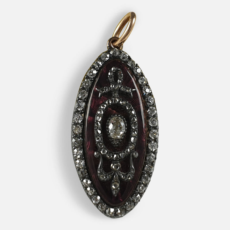 the Georgian diamond and enamel navette pendant viewed from the front