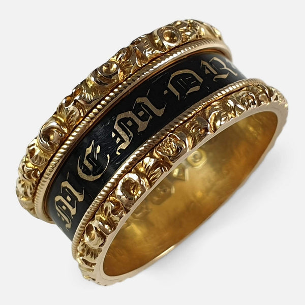 the antique 18ct gold and enamel memorial mourning ring viewed from above
