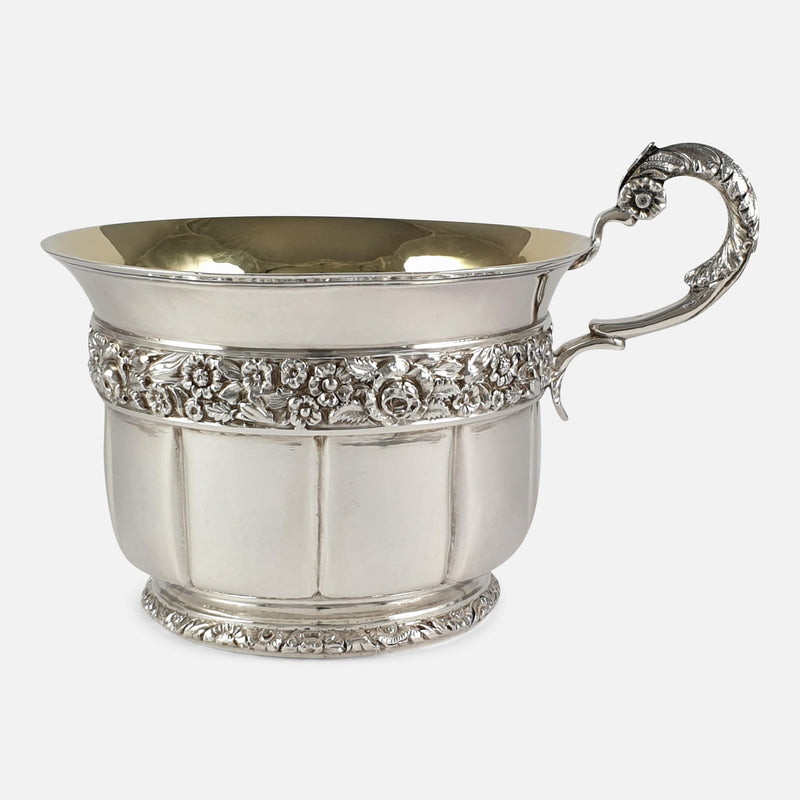 the Georgian sterling silver christening cup viewed from the right side on
