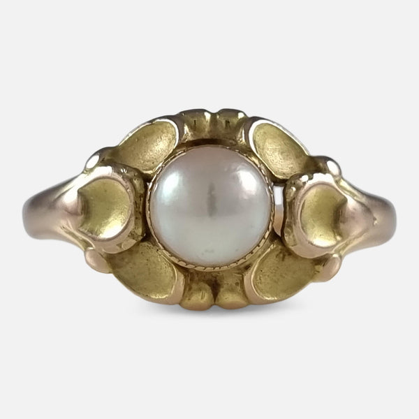 the Art Deco period Georg Jensen 14ct gold pearl ring viewed from the front