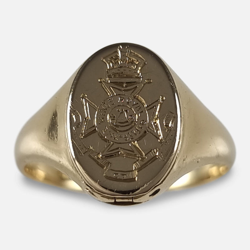 The George V 18ct Gold Portrait Locket Signet Ring with King's Royal Rifle Corps emblem to the forefront