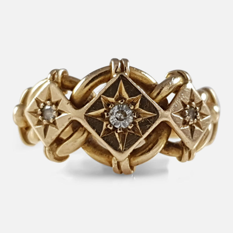 the George V 18ct Yellow Gold and Diamond Ring Knot Ring viewed from the front