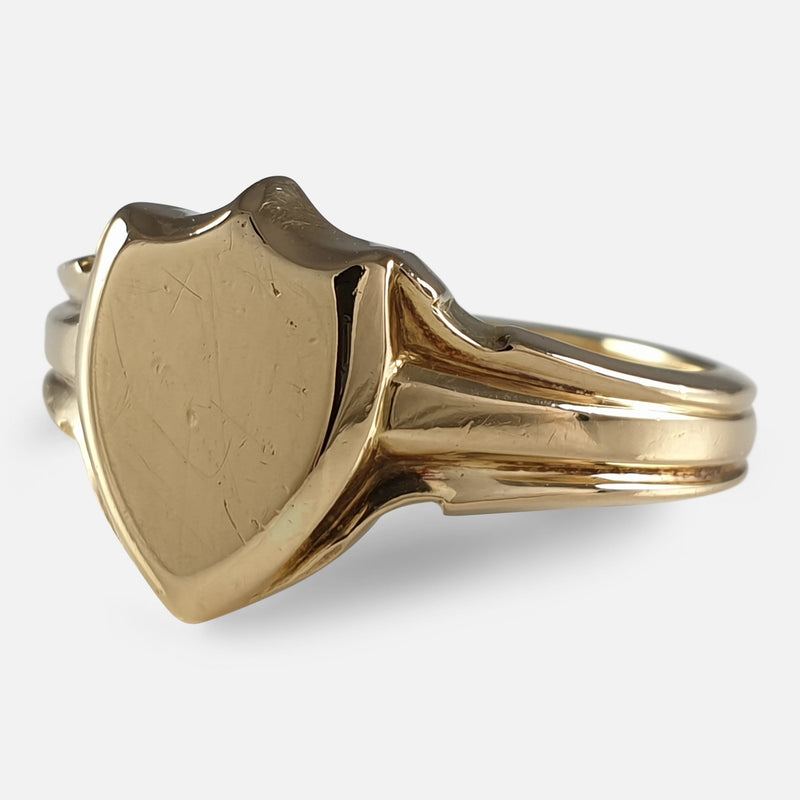 18ct Gold Shield Signet Ring viewed from an angle towards the right